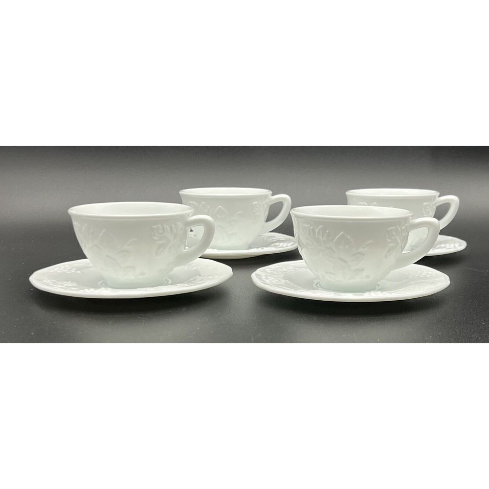 Vintage Colony Harvest Milk Glass Cup And Saucer Set Of 4